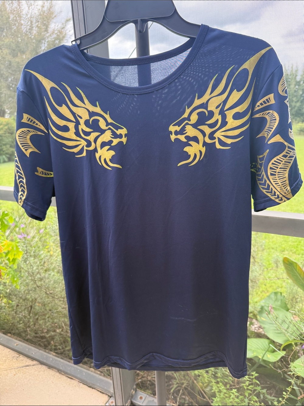 Men's Navy Blue Graphic Tee with Gold Dragon Accents